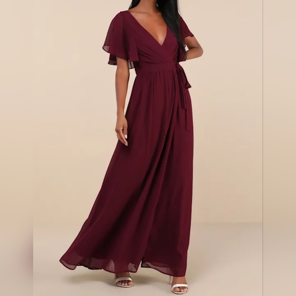 Lulus Women's Convincing Grace Burgundy Flutter Sleeve Wrap Maxi Dress, Size MED - Picture 1 of 10